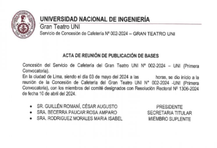 CONCESIÓN DEL SERVICIO DE CAFETERÍA DEL GRAN TEATRO N° 002-2024-UNI (Primera Convocatoria)