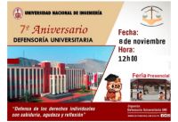 Invitación a participar de la Feria presencial a celebrarse con motivo del  7° Aniversario de la Defensoría Universitaria de la UNI | Fecha 08 de Noviembre