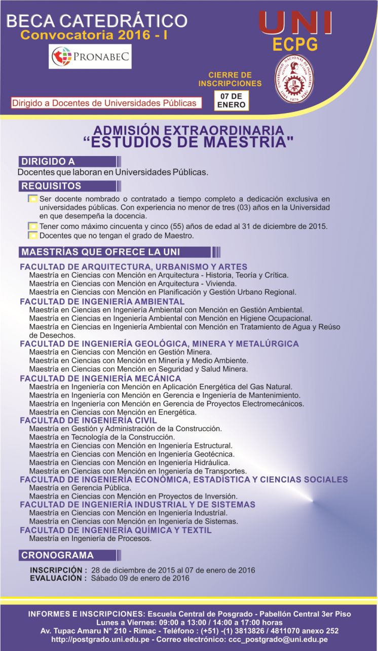 Beca Catedrático UNI: Convocatoria 2016 - I