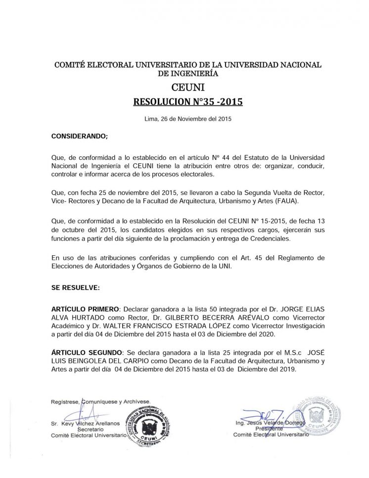 Comité Electoral: Resolución 035-2015: Elección de Rector y vicerrectores, y decano de la FAUA