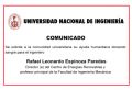 COMUNICADO DE LA OFICINA DE IMAGEN INSTITUCIONAL UNI: Se solicita a la Comunidad Universitaria su ayuda humanitaria donando sangre para el Ing. Rafael Leonardo Espinoza Paredes