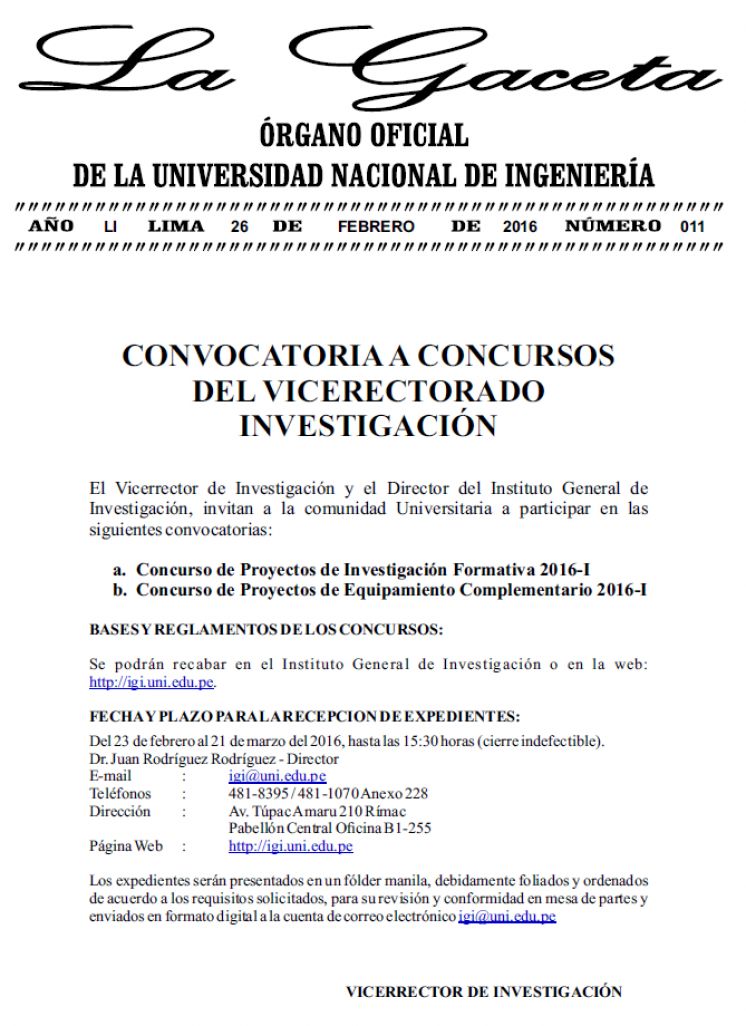 Gaceta N° 011: Convocatoria a Concursos del Vicerectorado de Investigación