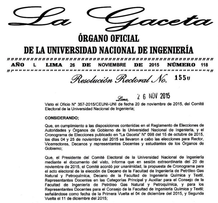 Resolución Rectoral para elección de autoridades de la FIP y FIQT