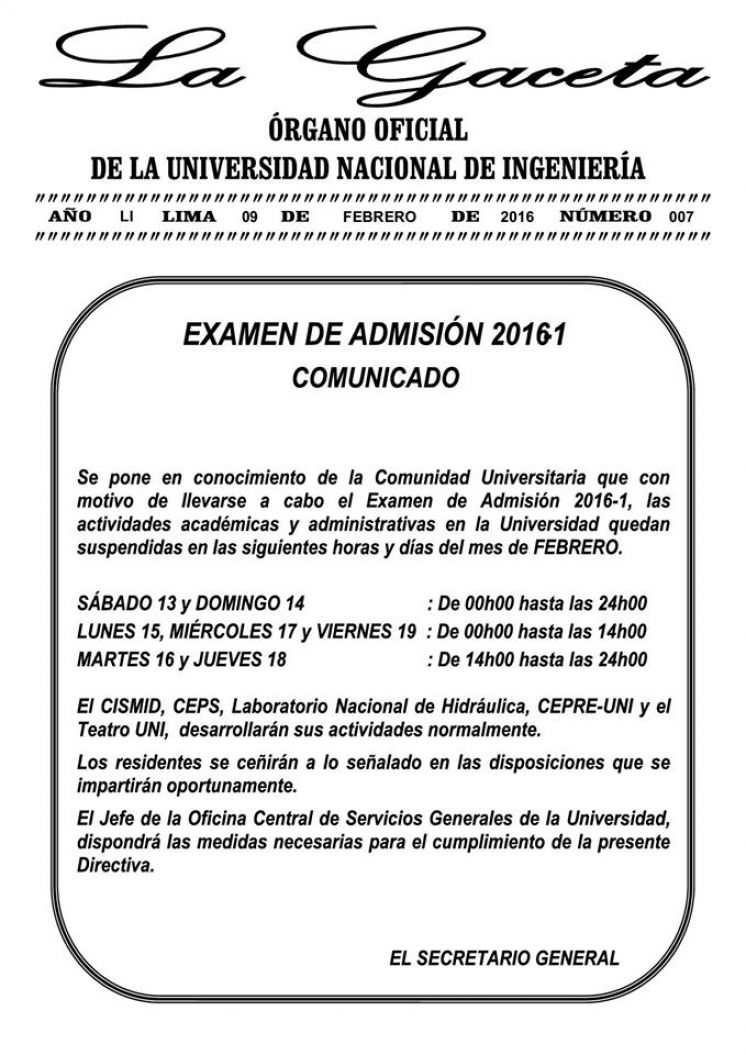 La Gaceta N°007 : Examen de Admisión 2016-I