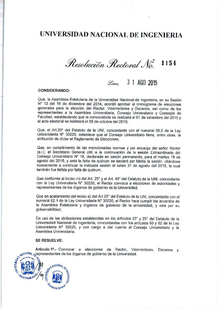 RR N°1154-2015 Reglamento de Elecciones de la Universidad Nacional de Ingeniería de Autoridades y Miembros de Órganos de Gobierno