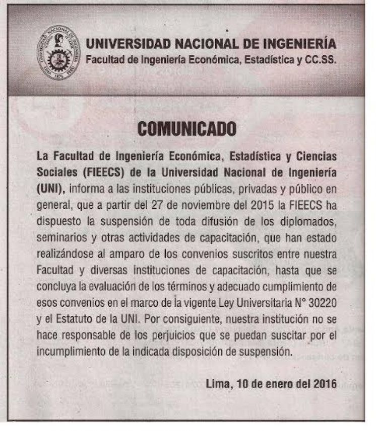 Comunicado de la Facultad de Ingeniería Económica, Estadistica y CC.SS. de la UNI