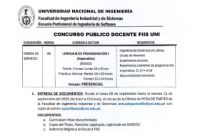 CONVOCATORIA PARA CONCURSO PÚBLICO DOCENTE FIIS-UNI | ENTREGA DE DOCUMENTOS HASTA EL 12 DE SEPTIEMBRE