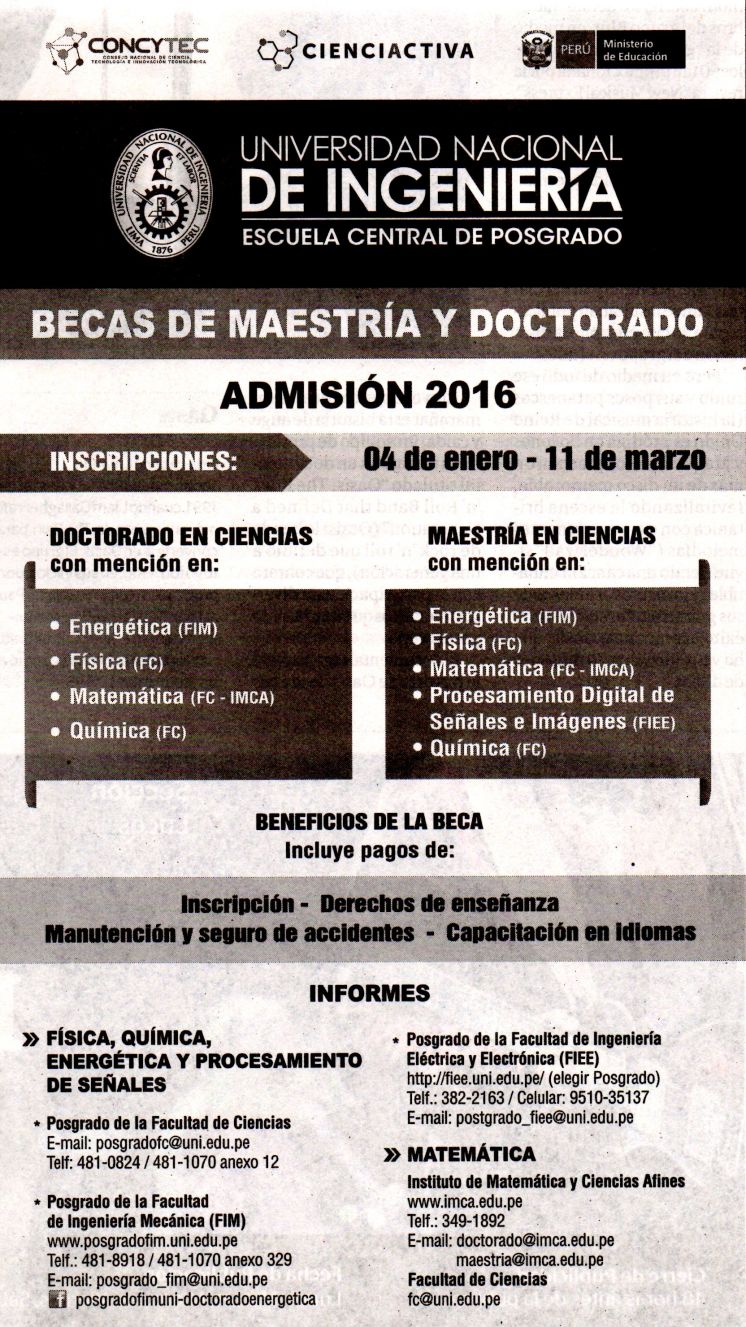 Admisión 2016: Becas de maestría y doctorado.