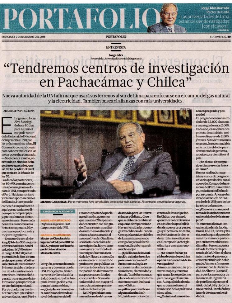 Entrevista al Rector UNI, Dr. Jorge Alva Hurtado (El Comercio, p. B9, 09/12/15)