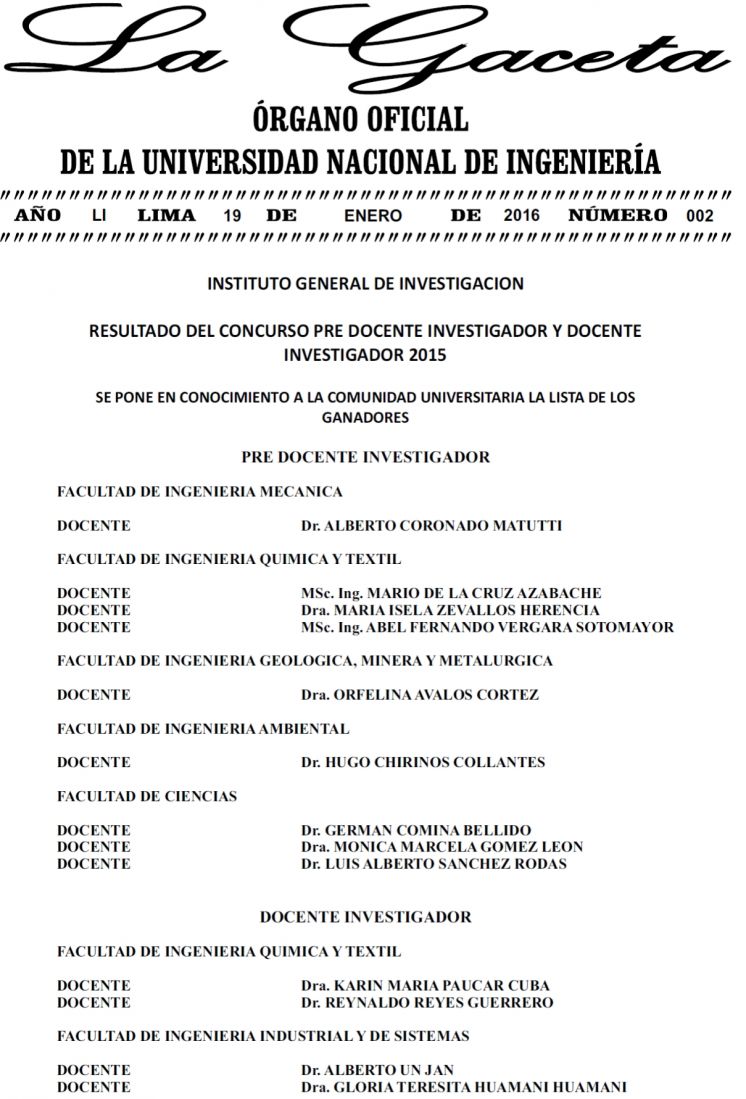 Gaceta N° 002: Resultado del Concurso Pre Docente Investigador y Docente Investigador 2015