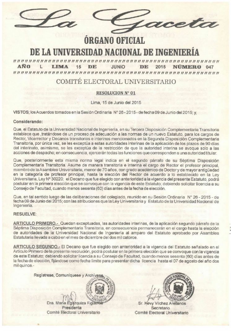 Gaceta 047: Comité Universitario 2015: Resoluciones 01 - 02.