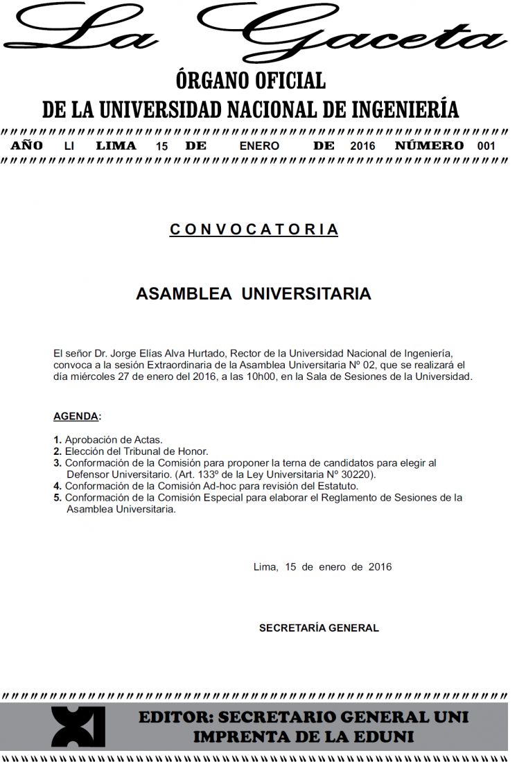 Gaceta N° 001: Convocatoria Asamblea Universitaria