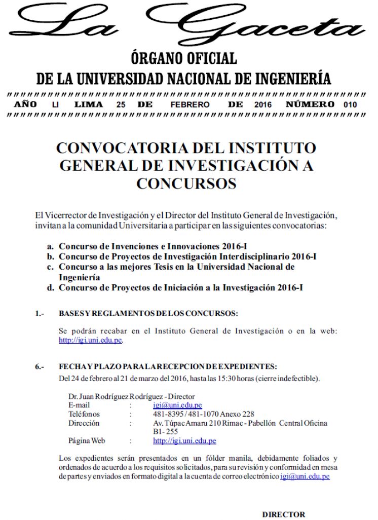 Gaceta N°010: Convocatoria del Instituto General de Investigación a Concursos