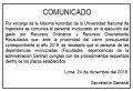 COMUNICADO DE SECRETARÍA GENERAL UNI: Personal Administrativo de las Dependencias y Facultades involucradas mencionadas en el presente Comunicado deberán asistir a laborar adicionalmente, los días sábado 28 y domingo 29 de diciembre del 2019