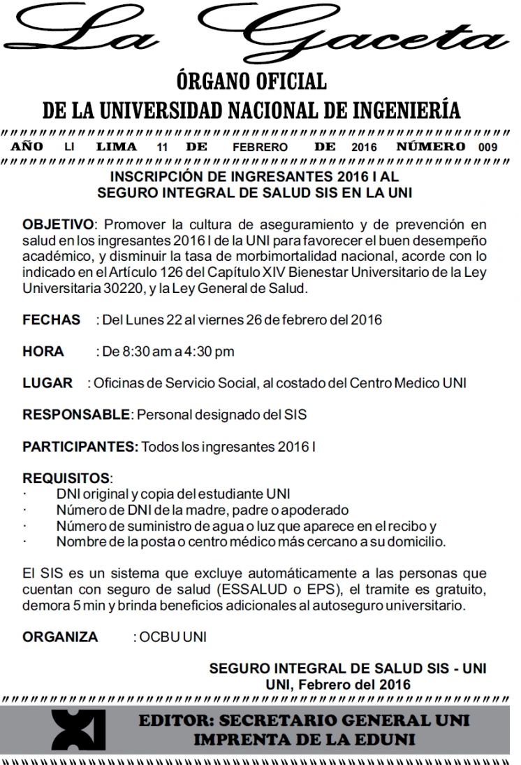 Gaceta N°9: Inscripción de Ingresantes 2016 I al Seguro Integral de Salud SIS en la UNI