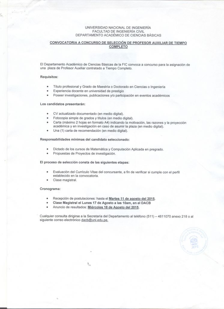 Convocatoria a Concurso de Selección de Profesor Auxiliar de Tiempo Completo