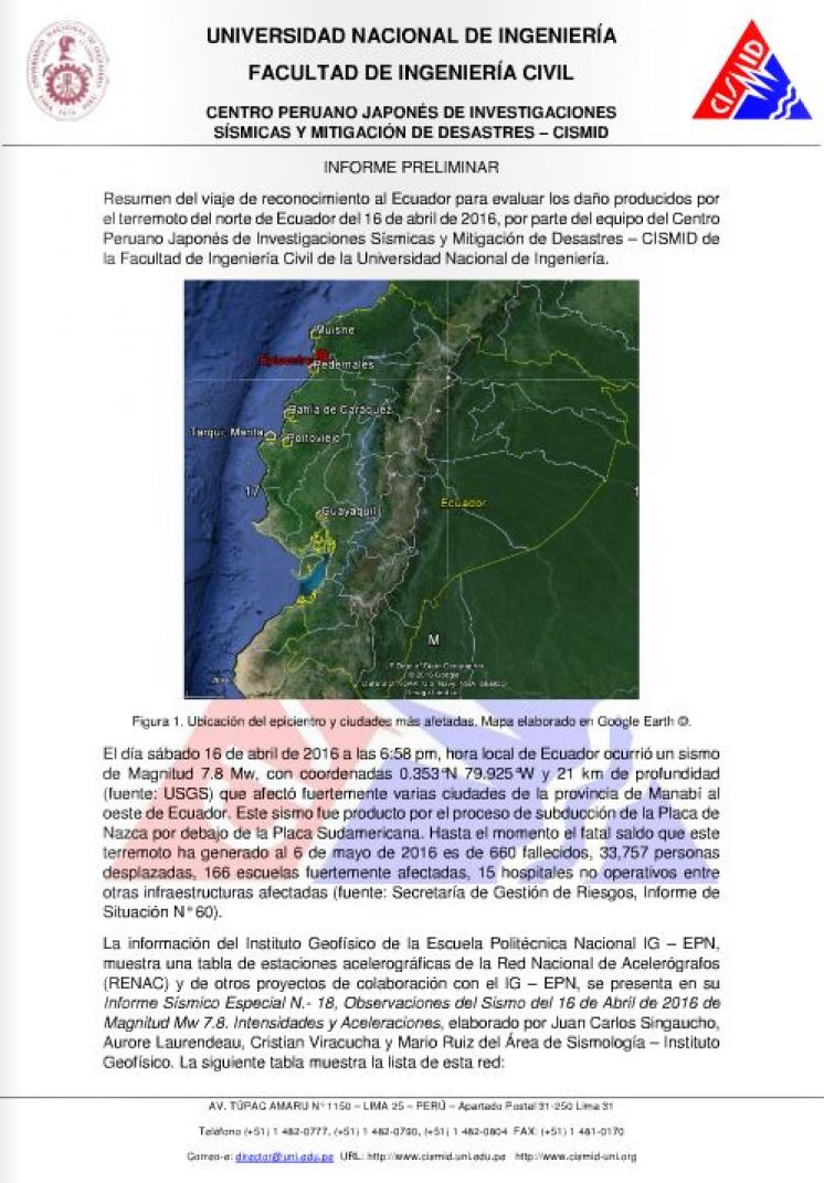 Informe Preliminar CISMID: Evaluación de los daños producidos por el terremoto del norte de Ecuador, el 16 de abril del 2016