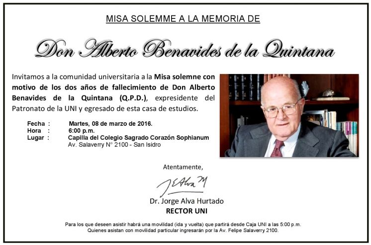 Invitación para la misa de Don Alberto Benavides de la Quintana.