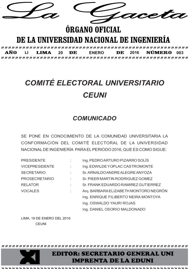 Gaceta N° 003: Comunicado del Comité Electoral Universitario - CEUNI