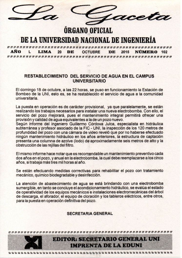 Gaceta 102 Restablecimiento del agua en el campus universitario