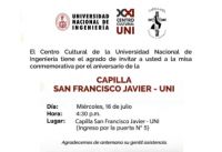 El Centro Cultural de la UNI invita a la Misa Conmemorativa de Aniversario Capilla San Francisco Javier - UNI | FEcha 16 de Julio