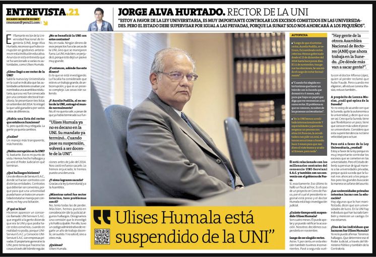 Entrevista al Rector UNI: Dr. Jorge Alva Hurtado (Perú21, central, 15/12/2015)