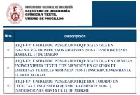 La Unidad de Posgrado de la FIQT de la  UNI, ha programado las Convocatorias de Maestr&iacute;as y Doctorado 2026-I | Inscripciones hasta el 14 de Marzo