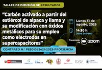Taller de Difusi&oacute;n de Resultados del proyecto &ldquo;Carb&oacute;n activado a partir del esti&eacute;rcol de alpaca y llama y su modificaci&oacute;n con &oacute;xidos met&aacute;licos para su empleo como electrodos en supercapacitores&rdquo;, financiado por CONCYTEC Fecha 31 de Agosto