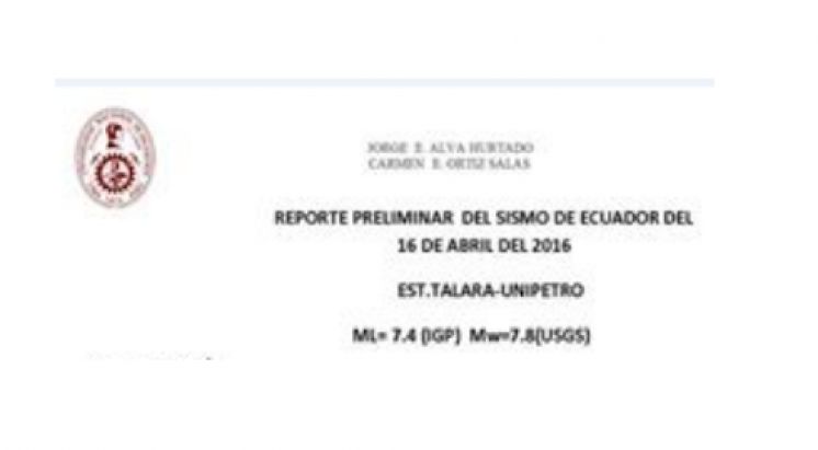 Registro Preliminar del sismo de Pedernales, Ecuador del 16/04/2016 en la Estación UNIPETRO en Talara.