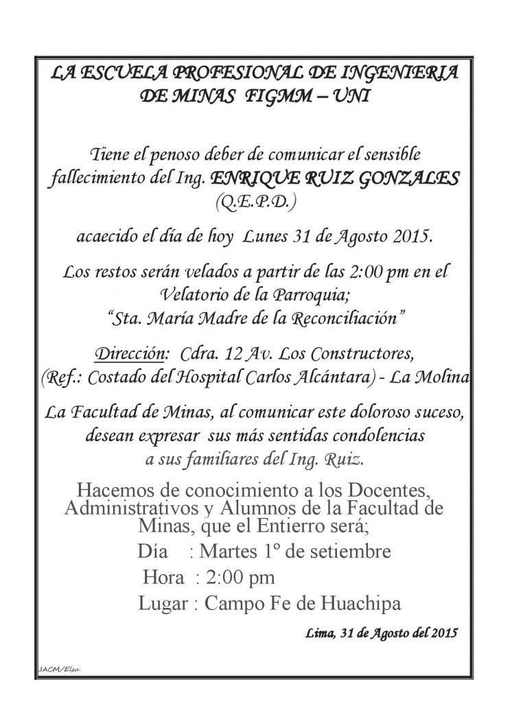 Invitación para entierro del Ing. Enrique Ruiz