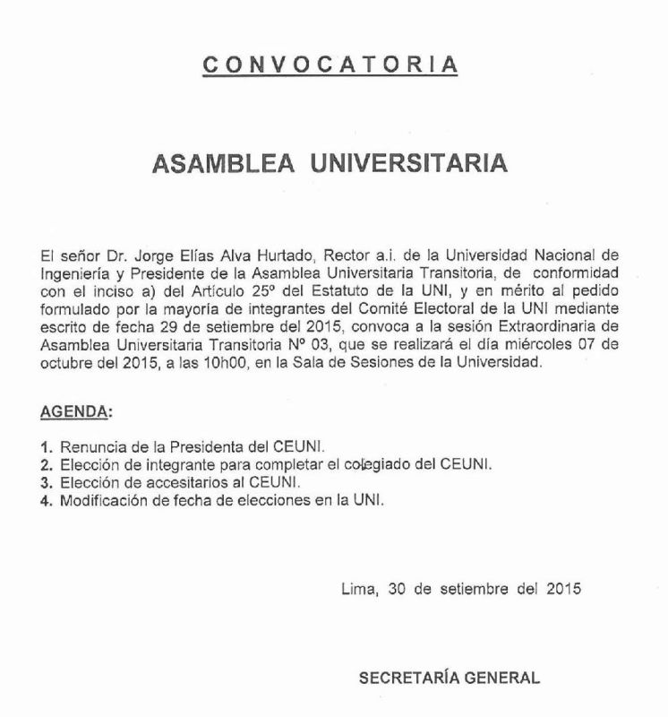 Convocatoria Sesión Extraordinaria de Asamblea Universitaria Transitoria Nro 03