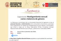 DEFENSORÍA UNIVERSITARIA UNI y MIMP:  INVITACIÓN AL PERSONAL DOCENTE Y ADMINISTRATIVO PARA PARTICIPAR EN LA CAPACITACIÓN SOBRE HOSTIGAMIENTO SEXUAL || FECHA 05 DE SETIEMBRE