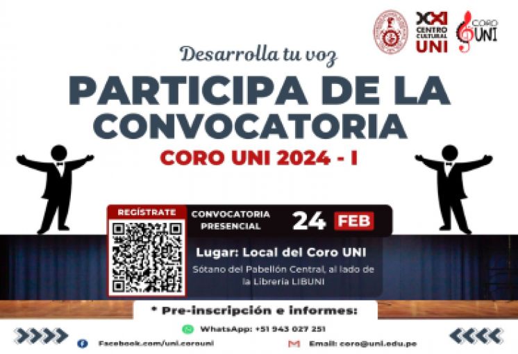 El Coro de la Universidad Nacional de Ingeniería invita a la comunidad universitaria y personas interesadas en el canto, para participar en la Convocatoria 2024-1 de voces que se realizará a partir del sábado 24 de febrero.