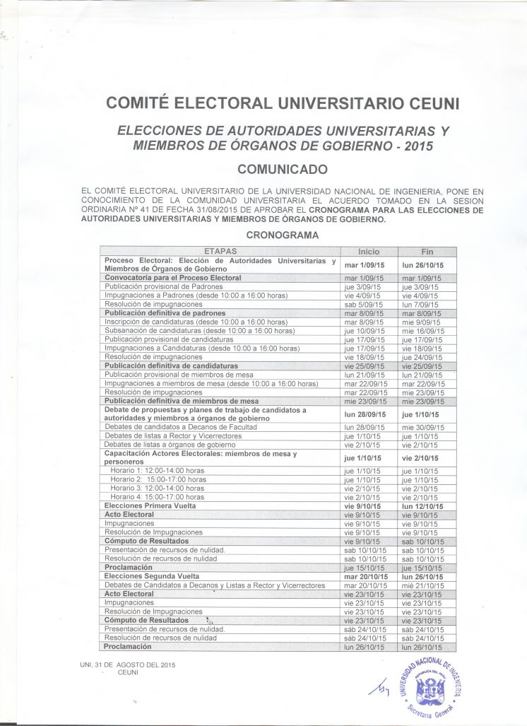 Cronograma del Comité Electoral sobre las Elecciones de Autoridades Universitarias y Miembros de Órganos de Gobierno 2015