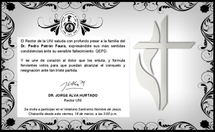 Tarjeta de condolencias por el fallecimiento del Dr. Pedro Patrón Faura