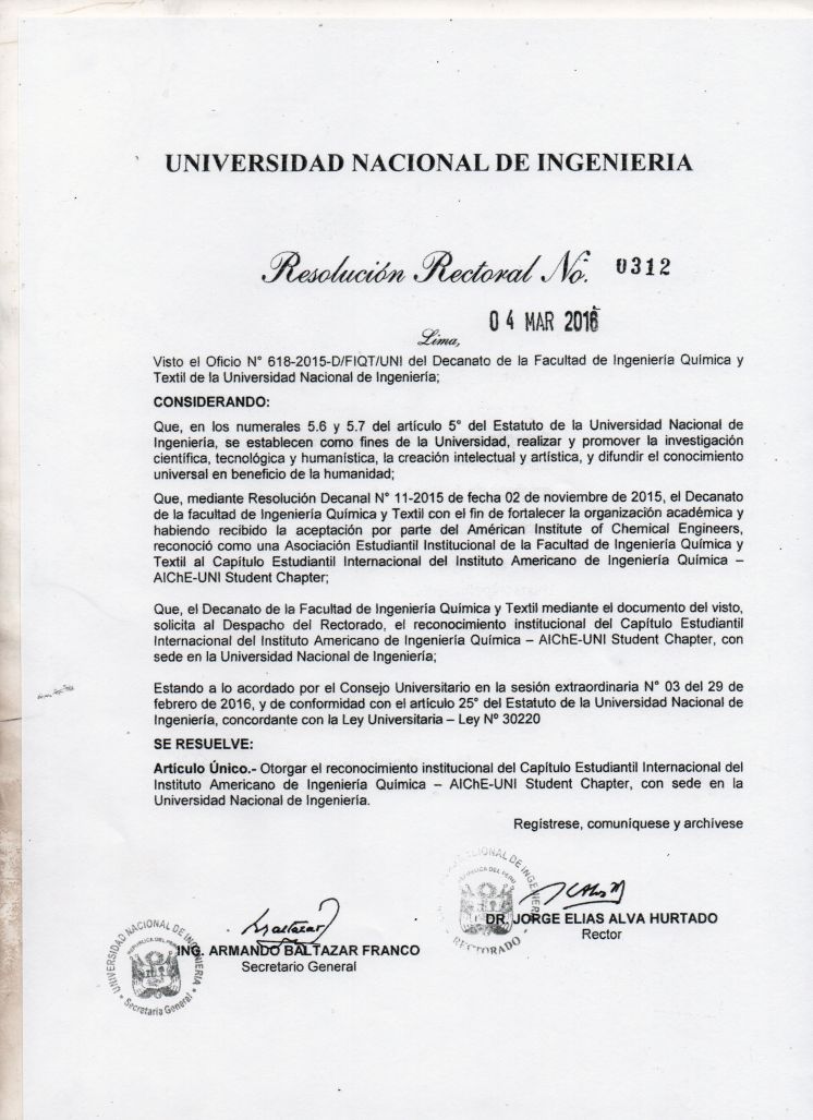 Se otorga reconocimiento institucional del Capítulo Estudiantil Internacional del Instituto Americano de Ingeniería Química - AIChE-UNI Student Chapter