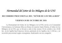 Hermandad del Se&ntilde;or de los Milagros de la UNI: RECORRIDO PROCESIONAL DEL &ldquo;SE&Ntilde;OR DE LOS MILAGROS&rdquo; | VIERNES 30 DE OCTUBRE DE 2026