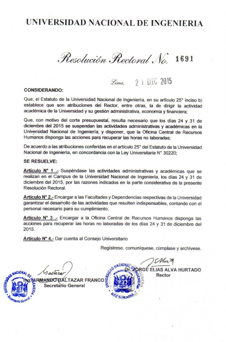 Suspensión de actividades administrativas y académicas para el 24 y 31 de diciembre.