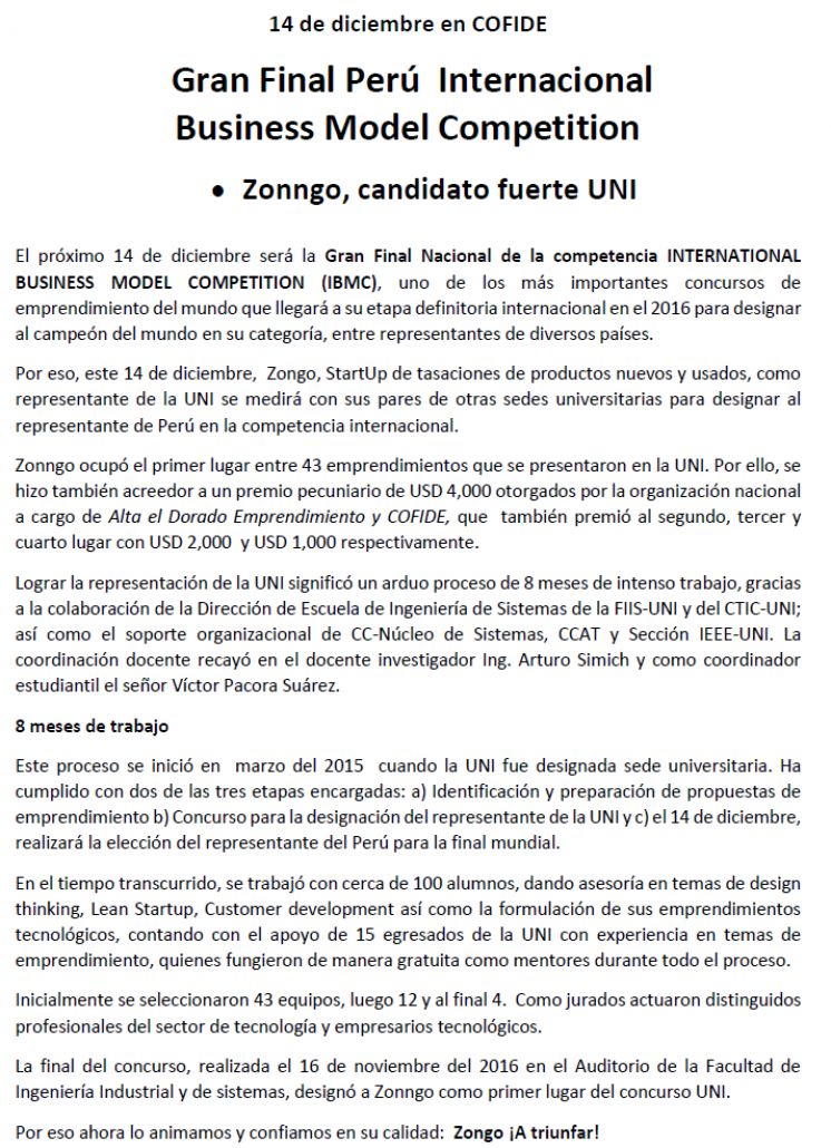 Gran Final Perú  Internacional Business Model Competition: Zonngo, candidato fuerte UNI